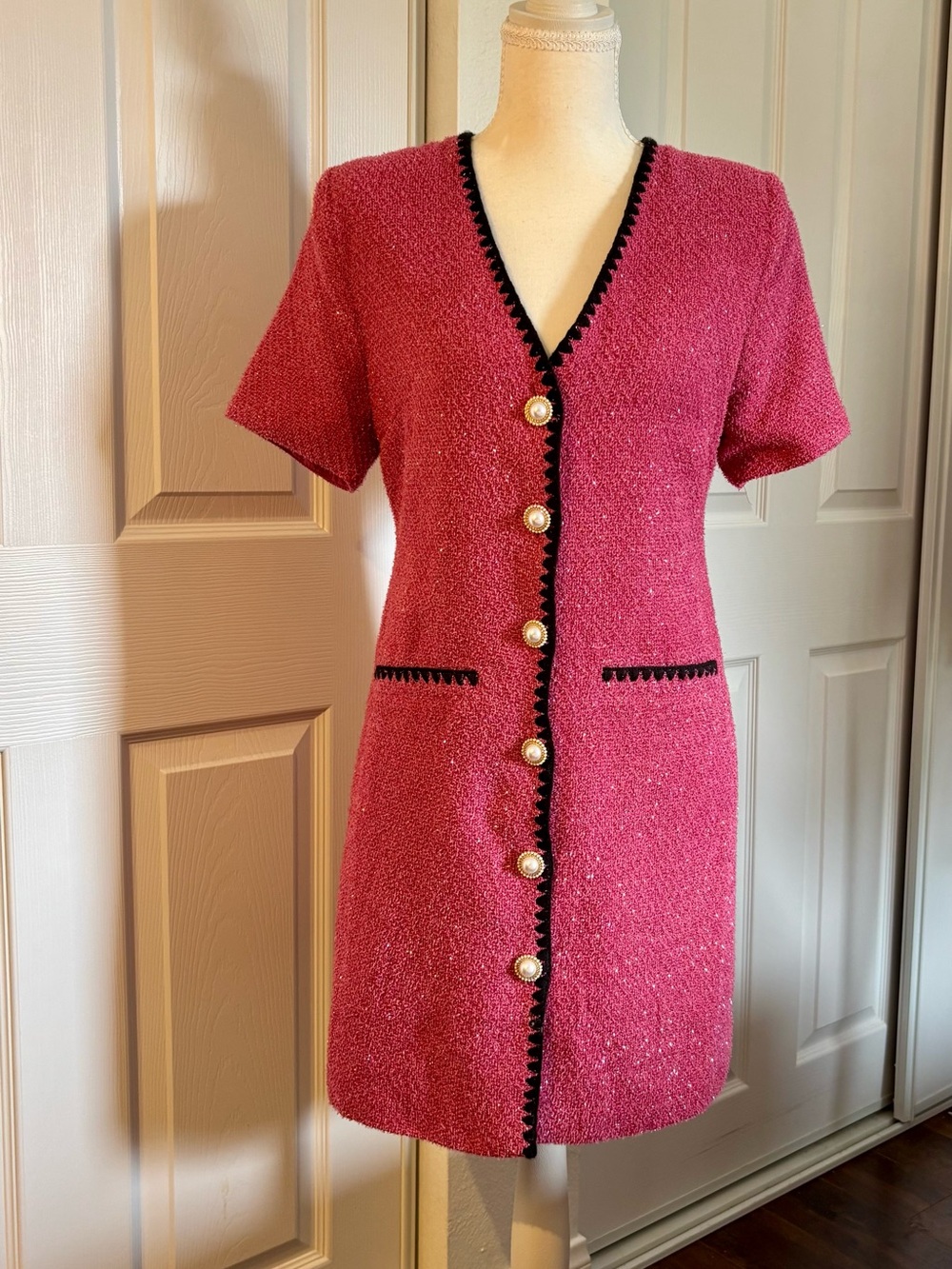 Textured Pink Tweed Short Sleeve Mini Dress with Pearl Buttons